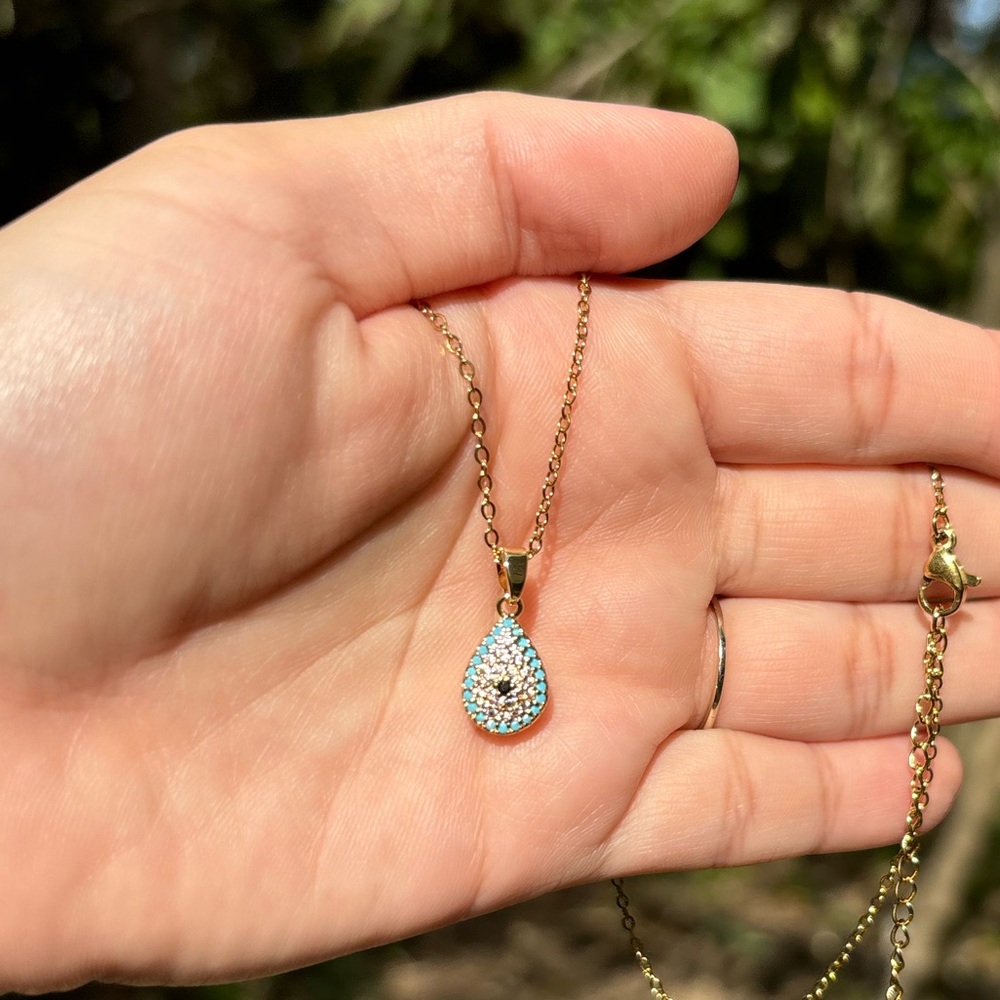 18K Gold Plated Stainless Steel Teardrop Evil Eye Diamond Necklace - Picture 2 of 5